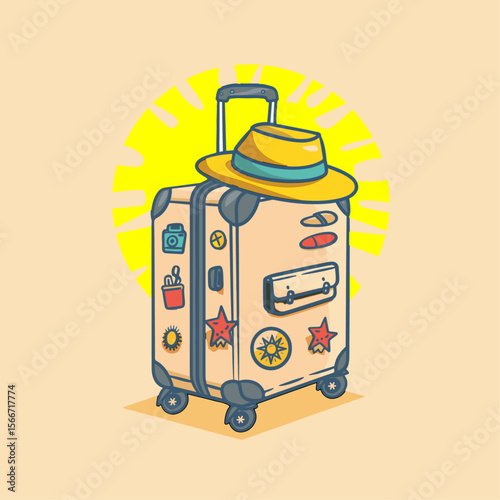 Suitcase with Travel Stickers and Sun Hat Minimalist Vector Colored Line Icon  – Vacation, Summer Holiday, and Travel Symbol for Tourism and Adventure Themes