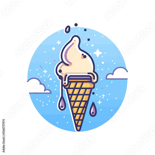 Melting Ice Cream Cone Line Icon – Minimalist Vector Illustration of Fun Summer Dessert, Sweet Treat, and Seasonal Snack Symbol