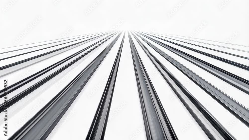 Angular perspective of a modern skyscraper facade with parallel architectural metal lines and white panels converging into the sky
