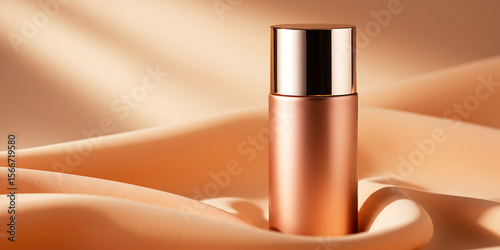 Luxury rose gold cosmetic bottle mockup on silk fabric for beauty product advertising and branding design
