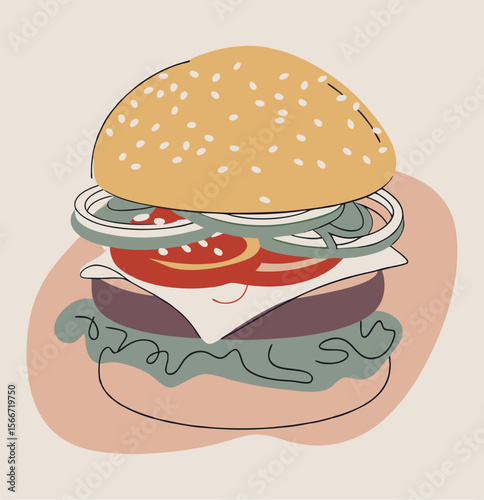 Hamburger: Hamburger vector art illustration. hamburger vector icon. Delicious vector art depicting a classic hamburger with layers of meat, cheese, fresh vegetables. vector illustration fast food.