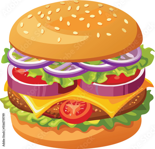 Hamburger: Hamburger vector art illustration. hamburger vector icon. Delicious vector art depicting a classic hamburger with layers of meat, cheese, fresh vegetables. vector illustration fast food.
