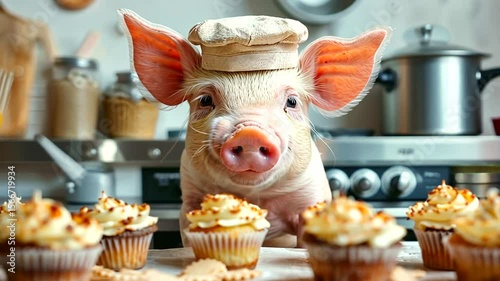 Adorable pig chef presenting delicious cupcakes in kitchen