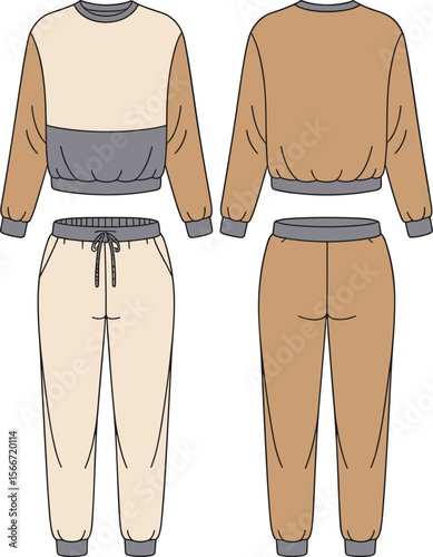 Colorblock loungewear set, jogger sweatpants, women’s two-piece outfit, sweatshirt and joggers, front and back view, casual wear vector, fashion flat sketch
