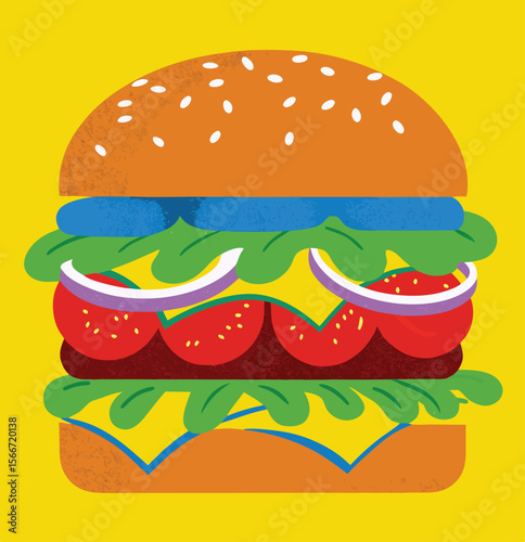 Hamburger: Hamburger vector art illustration. hamburger vector icon. Delicious vector art depicting a classic hamburger with layers of meat, cheese, fresh vegetables. vector illustration fast food.