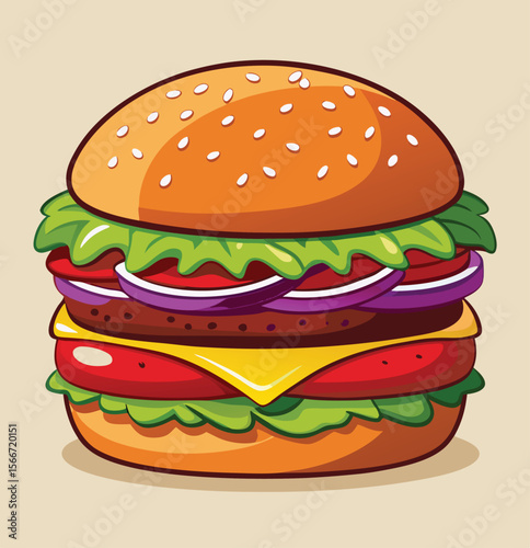 Hamburger: Hamburger vector art illustration. hamburger vector icon. Delicious vector art depicting a classic hamburger with layers of meat, cheese, fresh vegetables. vector illustration fast food.