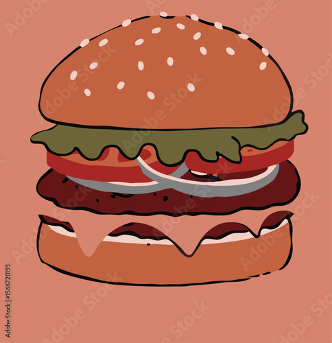 Hamburger: Hamburger vector art illustration. hamburger vector icon. Delicious vector art depicting a classic hamburger with layers of meat, cheese, fresh vegetables. vector illustration fast food.