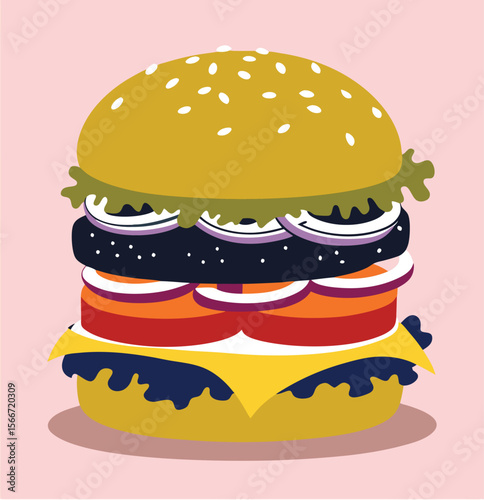 Hamburger: Hamburger vector art illustration. hamburger vector icon. Delicious vector art depicting a classic hamburger with layers of meat, cheese, fresh vegetables. vector illustration fast food.