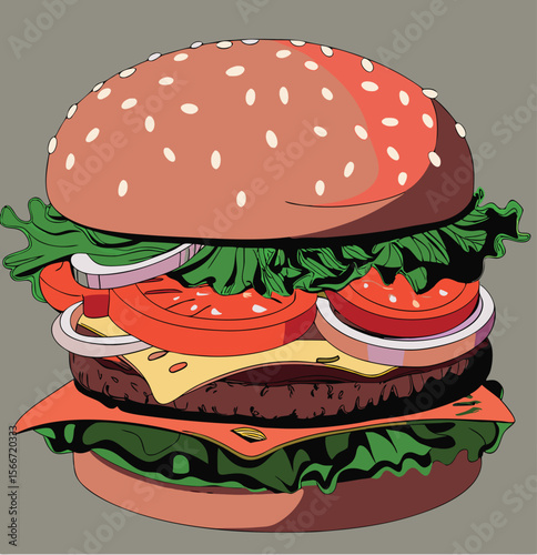 Hamburger: Hamburger vector art illustration. hamburger vector icon. Delicious vector art depicting a classic hamburger with layers of meat, cheese, fresh vegetables. vector illustration fast food.