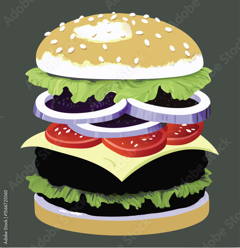 Hamburger: Hamburger vector art illustration. hamburger vector icon. Delicious vector art depicting a classic hamburger with layers of meat, cheese, fresh vegetables. vector illustration fast food.