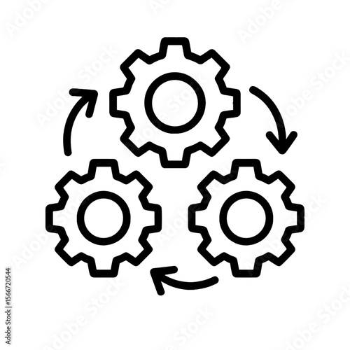 Line icon of end-to-end solution with interconnected gears and circular arrows