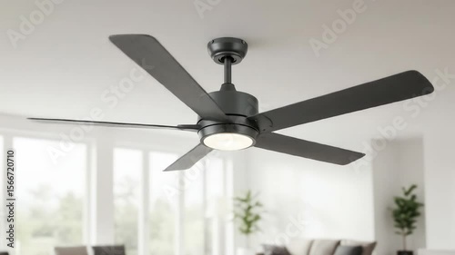 Modern Ceiling Fan in Contemporary Living Room - A sleek, dark gray five-blade ceiling fan with integrated lighting is shown installed in a bright, modern living room.