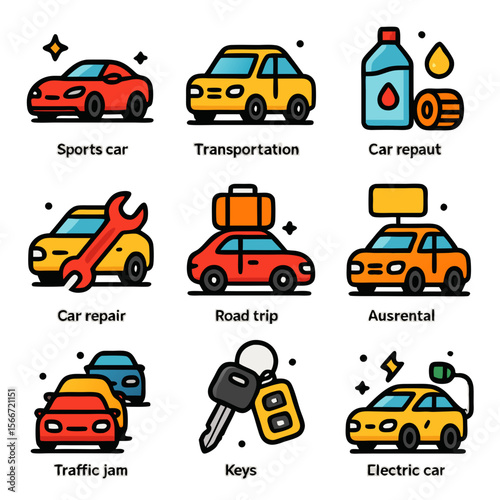 Car icons for parts and services, suitable for automotive websites, apps, brochures, and graphics in the transportation industry.