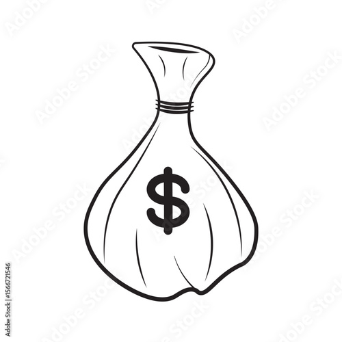Simple line art of a money bag with a dollar sign symbol, ideal for finance, savings, investment icons, banking visuals, or economic-themed illustrations and infographics.