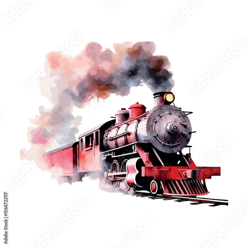 A vintage steam locomotive powers down the railway tracks, a blur of smoke and iron, a true piece of old railroad history in motion