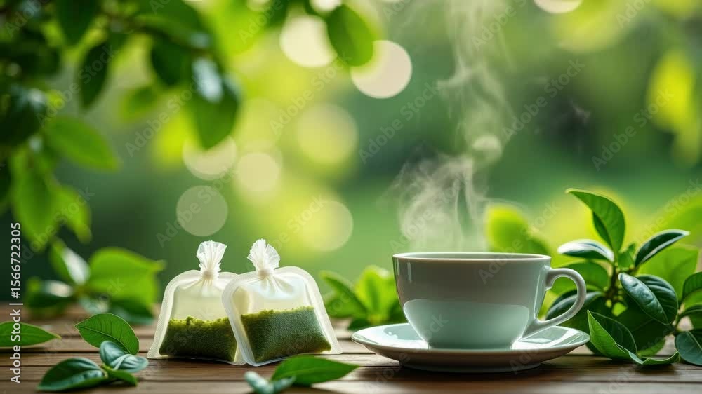 Minimalist scene with green tea, chilled tea bags and herbal leaves under soft morning light Minimalist scene with green tea, chilled tea bags and herbal leaves under soft morning light