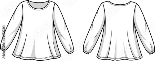 Long sleeve top, women’s blouse, scoop neck shirt, front and back view, flared hem, vector fashion sketch, technical flat drawing