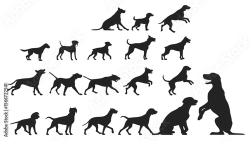 A large collection of black silhouette dog breeds.