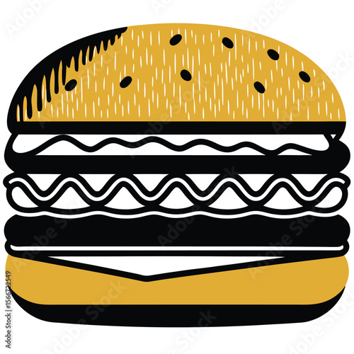 Hamburger: Hamburger vector art illustration. hamburger vector icon. Delicious vector art depicting a classic hamburger with layers of meat, cheese, fresh vegetables. vector illustration fast food.