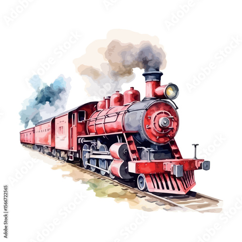 An old, smoke-billowing steam locomotive travels through the mountains on a vintage railway track, evoking a sense of powerful antique transport