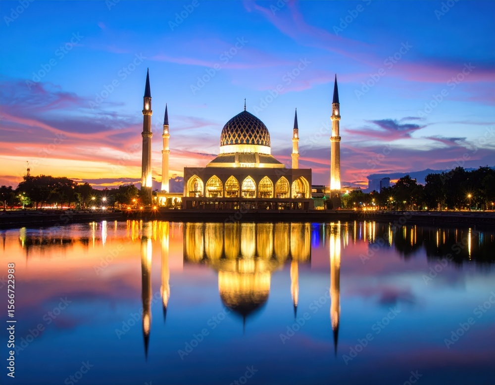 Obraz premium A mosque illuminated at dusk, reflecting on tranquil water