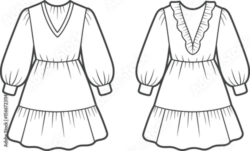 Women’s ruffle dress, V-neck dress, tiered hem dress, fashion flat, long sleeve dress, front and back view, vector sketch, puff sleeves