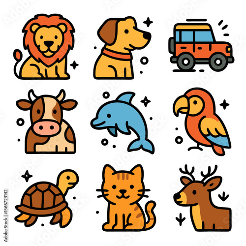 Animals nine cute animal and vehicle icons for childrens designs. Suitable for educational materials, games, and kids products.