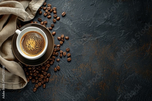 Horizontal banner with cup of coffee and coffee beans on dark stone background  Top view  Copy space