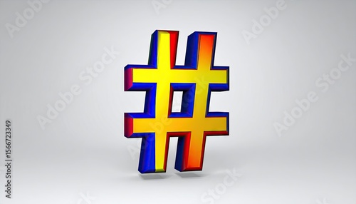 Three Dimensional Extruded Hashtag Symbol in Bright Primary Colors Against a Gray Background