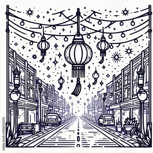 Charming street scene adorned with festive lanterns and decorations, cultural nightlife illustration