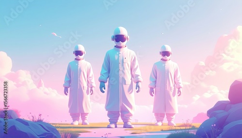 Three Medical Professionals in White Protective Uniforms Standing in an Open Field Under Blue Sky