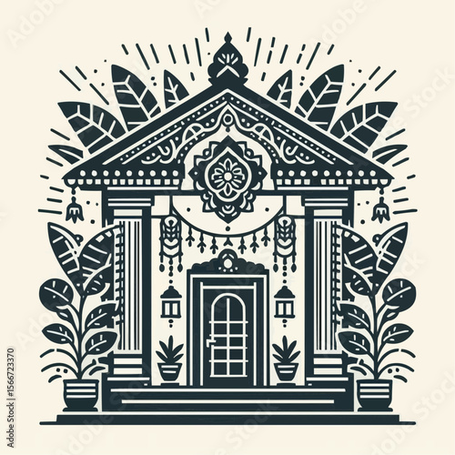 Ornate Indian temple design with decorative elements and lush greenery, cultural illustration
