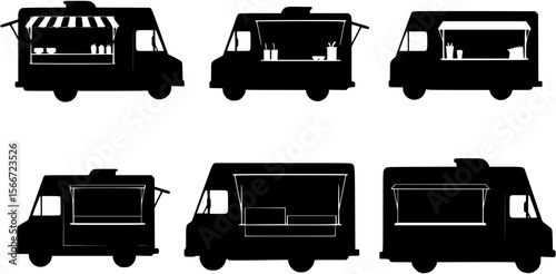 Angled side view silhouette design of a food truck with open serving window, food truck, food, truck, vehicle, mobile, street food, fast food, eatery, restaurant, cafe, catering, business, silhouette