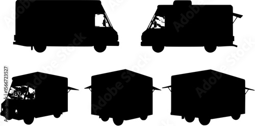 Angled side view silhouette design of a food truck with open serving window, food truck, food, truck, vehicle, mobile, street food, fast food, eatery, restaurant, cafe, catering, business, silhouette