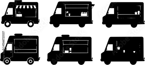 Angled side view silhouette design of a food truck with open serving window, food truck, food, truck, vehicle, mobile, street food, fast food, eatery, restaurant, cafe, catering, business, silhouette