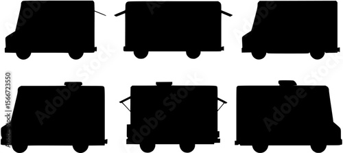 Angled side view silhouette design of a food truck with open serving window, food truck, food, truck, vehicle, mobile, street food, fast food, eatery, restaurant, cafe, catering, business, silhouette