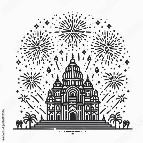 majestic temple with fireworks for festive celebration illustration concept