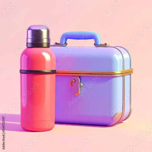 Vintage Metal Lunchbox And Thermos In Pink And Blue On A Seamless White Background