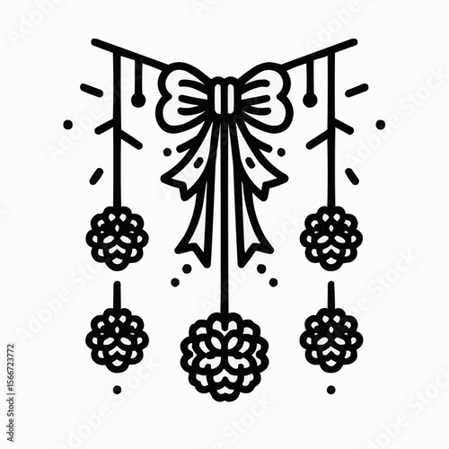 festive decoration with ribbons and pom-poms for celebration illustration concept