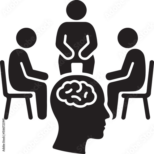 Silhouette of a support group sitting in a circle, symbolizing unity, care, and mental health support. EPS vector.