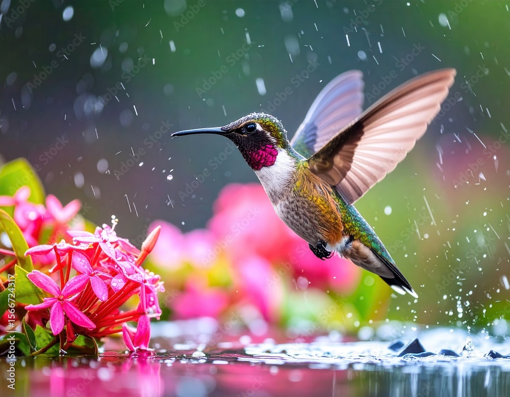 Fototapeta premium A hummingbird hovers, wings spread, in mid-flight near pink flowers