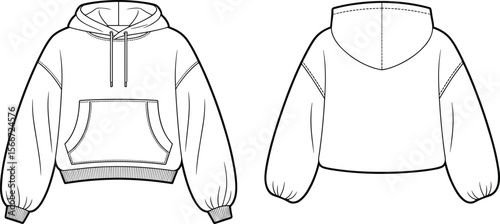 Crop hoodie, oversized sweatshirt, front and back, technical flat, fashion sketch, women’s hoodie vector, drawstring hood, kangaroo pocket, cuffed sleeves