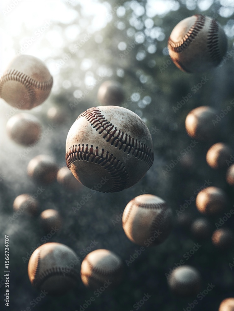 Fototapeta premium Multiple Baseballs Floating in Dusty Atmosphere Cinematic Sports Scene