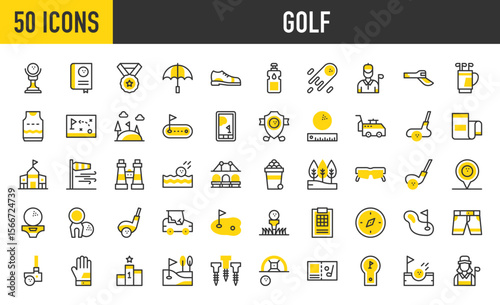 50 Golf  icons. such as Golf Club, Hill, Umbrella, Trees, Hole In One, Binocular, Golf Gloves, Lake, Golf Cart, Golf Caddy, Lessons, Distance, Basket, Bag, Field, Stick vector stroke illustration.	