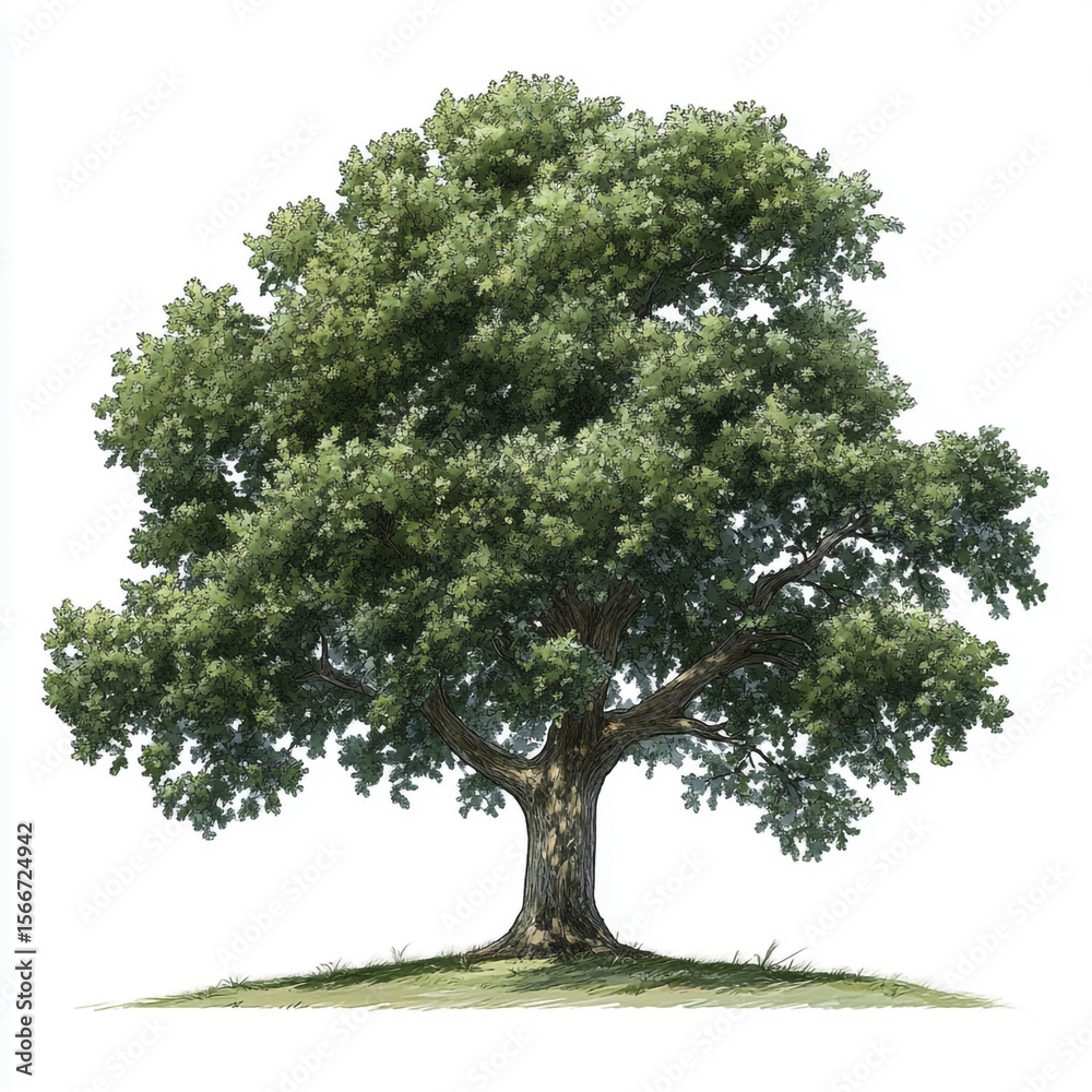 Fototapeta premium A stately oak tree with a wide, full canopy of lush green leaves and a sturdy, textured trunk, isolated on a white background. 