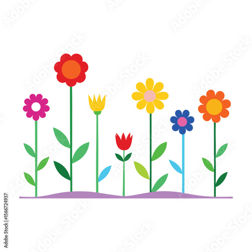 Vibrant rainbow colored wildflower garden border design with a variety of blooming flowers and lush green foliage elements