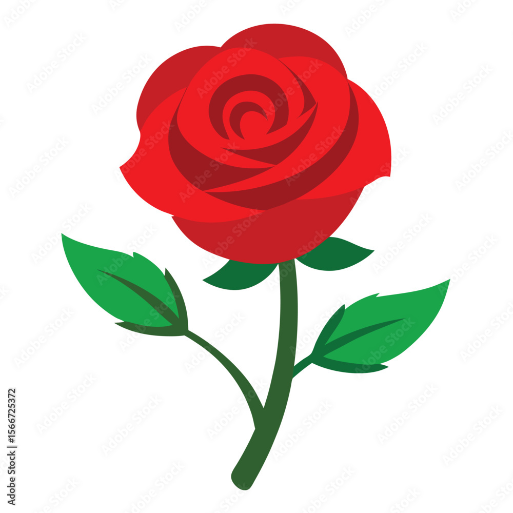 Obraz premium Vibrant red rose with lush green leaves and stem bold and colorful botanical illustration
