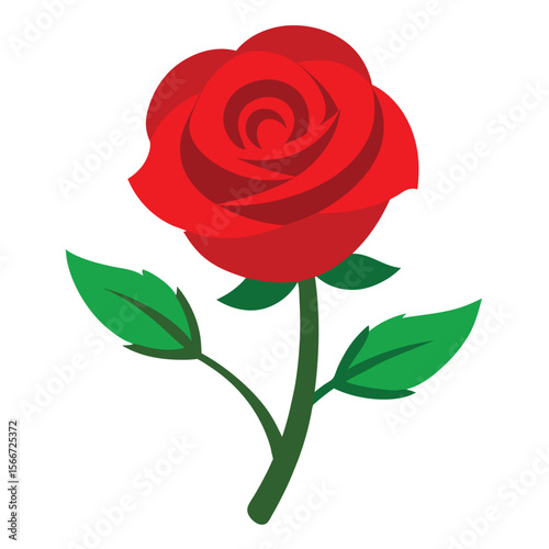 Vibrant red rose with lush green leaves and stem bold and colorful botanical illustration