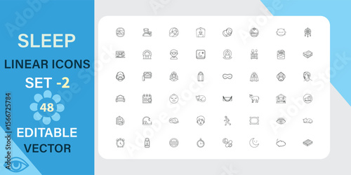 Collection of 48 editable vector linear icons related to sleep, rest, dreams, and relaxation. Ideal for apps or websites.