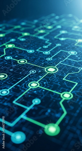 Futuristic glowing circuit board representing a digital network connection. Concept of blockchain technology and cryptocurrency. Data transfer visualization.